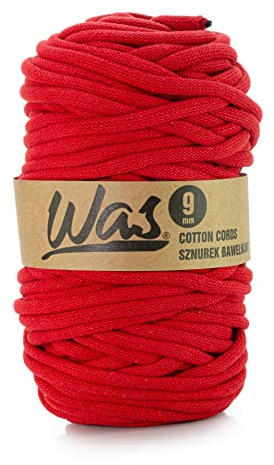 WAS Baumwollkordel mit Polyesterkern 9 mm 50m Baumwollgarn DIY Makramee Stricken Cotton Cord rot ideal für Makramee Handwerk Baumwollseil für Basteln