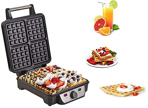 Macchina Waffle Maker, Piastra Elettrica per Waffle Automatica, 1100 W, Piastre Antiaderenti e Temperatura Regolabile per 4 Cialde belghe Facile pulizia Con luce pilota