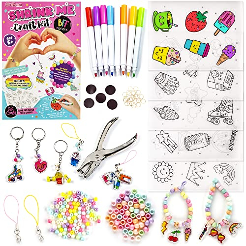 GirlZone Shrink Me Craft Kit, Erstellen Sie Schrumpf Kunst mit Schrumpffolie, Schlüsselanhänger, Armbänder, Vorgedruckte Schrumpfblätter, Lustige Geschenkidee, Zum Basteln für Kinder