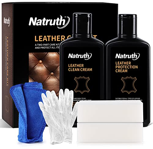 NATRUTH Leather Care Kit with Sponges, 280ml Leather Cleaner and 280ml Leather Conditioner, Leather Furniture Cleaner for Leather Sofas Car Seats, All Leather Items