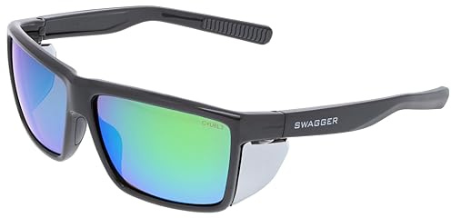 MCR Safety SR22BG Swagger SR2 Series Safety Glasses with Thermo Plastic Rubber Nose Pads and Detachable Side Shields, Charcoal Frame, Green Mirror Lens
