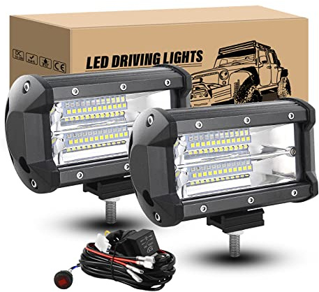 RIGIDON 2 Pcs Led Scheinwerfer 12V mit Kabelbaum Kit, 13 cm 5 Zoll 72W | Led Arbeitsscheinwerfer Flood Offroad Zusatzscheinwerfer für Auto Traktor SUV ATV PKW LKW Fahrzeuge, 6000K Weiß Arbeitslicht