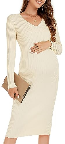 WANTROY Maternity Dress Long Sleeve V Neck Knit Stretchable Sweater Dresses Pregnancy Clothes for Photoshoot Baby Shower Apricot