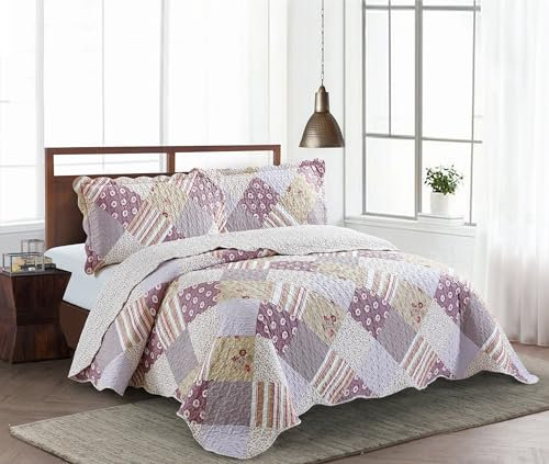 Brilliant Sunshine Rosa Rosette und Streifen Patchwork, 3-teiliges Steppdecken-Set mit 2 Kissenbezügen, wendbare Tagesdecke, weiche, leichte Decke, Ganzjahresdecke, Kingsize, Rose