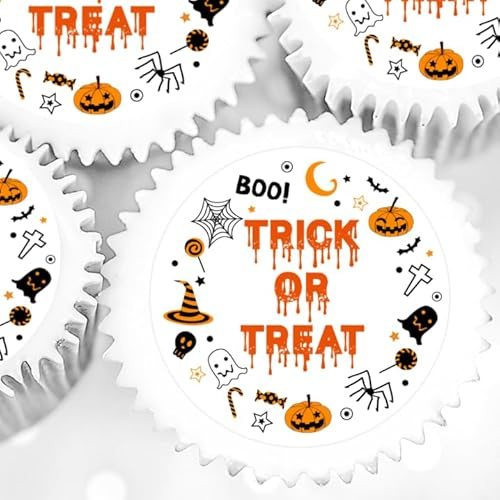 Trick Or Treat Cake Decorations - Halloween Cupcake Toppers - Edible Icing or Wafer - 4cm x 24 - Orange Black (Edible Icing)