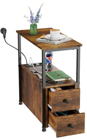 PIPIPOXER Nachttisch mit Steckdose, Nachttisch mit USB Anschlüssen und Steckdosen für kleine Räume/Schlanker Beistelltisch für Wohnzimmer Schlafzimmer Büro