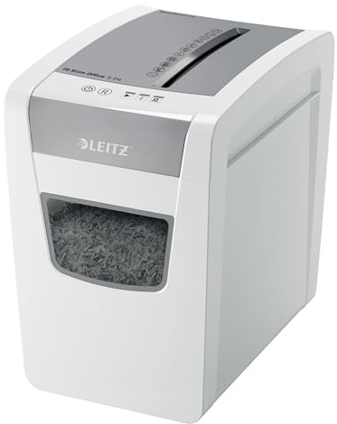 Leitz IQ Aktenvernichter Office S Slim, schlankes Format, 14-12 Blatt Kapazität (70-80 g/m²), TÜV+GS zertifiziert, Partikelschnitt, Sicherheitsstufe P4, Besonders leise, 23L Behälter, Weiß, 80980000