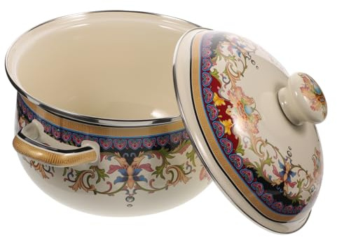 MAGICLULU Vintage Enamel Stockpot with Lid 22cm Double Handle Soup Pot Thick Retro Flower Pattern Cooking Pot for Gas and Induction Multipurpose Household