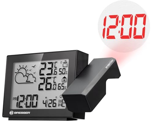 Bresser Projektions-Funkwetterstation MeteoTemp P | Zeit- & Wettervorhersage-Projektion, Innen/Außen-Temperatur & Luftfeuchtigkeit, Frostwarnung, Max./Min.-Temperaturanzeige, Wecker, erweiterbar