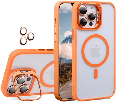 Keyihan Magnetica Cover per iPhone 15 6.1 + Pellicola Protettiva Obiettivo-Fotocamera, Compatibile con MagSafe, Trasparente Custodia con Supporto, Case rigida con Bumper Antiurto Morbido, arancio