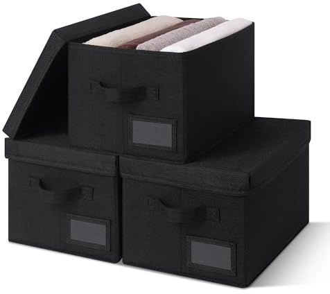 GRANNY SAYS Contenitori portaoggetti con coperchi, contenitori in lino per scaffali, scatole decorative per riporre e organizzare vestiti, scatole portaoggetti per organizzare, confezione da 3, nero