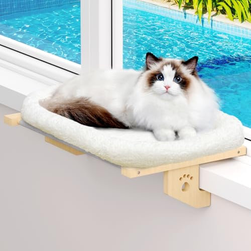 Cat Window Perch, Cat Hammock for Window, Cat Window Bed with Cushion Bed Cover, Premium Wood & Anti-Fracture Metal Frame, Adjustable Window Perch for Cats Inside, Cat Window Seat (Window Sill)