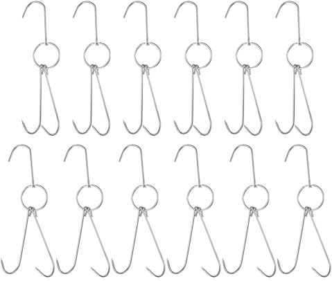 sourcing map 12Pcs Double Meat Hooks 11.2 Inch 4mm Stainless Steel Roast Bacon Shop Hook BBQ Grill Hanger Cooking Tools Accessories for Smoking, Grilling, Beef, Rib