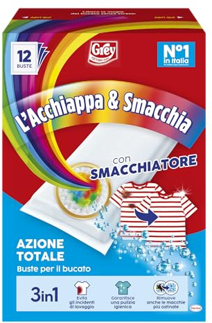 Grey L'Acchiappa & Smacchia 3in1, Buste per il Bucato, Buste Cattura Colore, Con Smacchiatore, Confezione da 12 Buste
