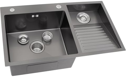 Mehrzweck Edelstahl-Spülbecken mit integriertem Waschbrett - 80cm Handgefertigtes Doppelbecken für Waschküche, Garage und Werkstatt - Schwarze strukturierte Oberfläche