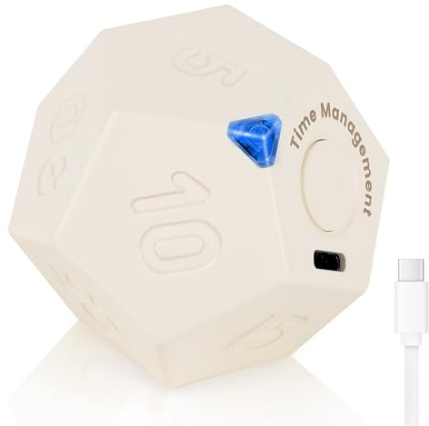 Cuteefun Productivity Timer, Drehbarer Pomodoro Cube, 12 Seiten, Weiß | Wiederaufladbarer, Vibration, Einstellbarem Ton, Pomodoro Timer Minimal Desk für Kinder, Küche, Sport, Studie