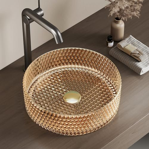 EMKE Lavabo à Poser en Verre Cristal, Rond Or rose, 36 x 36 x 11.2 cm, Vasque de Haute Qualité pour Salle de Bain et WC Invités, Sans Trou pour Robinet