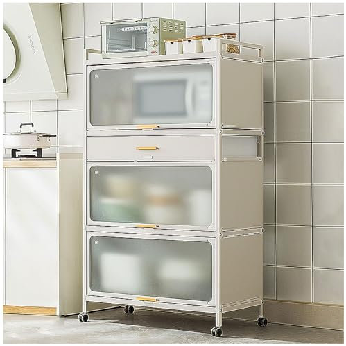 Soporte para microondas de 5 niveles con armario y cajón para almacenamiento de cocina, estante de pie con ruedas frenables, estantes de metal de 60 x 102 pulgadas, ideal para despensa o sala de