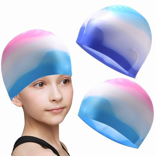 ATSNOSH 2 Pezzi Cuffie da Nuoto Bambini, Silicone Impermeabile Cuffia da Nuoto, Cuffie da Piscina Nuoto Cuffia da Bagno Antiscivolo, Elastiche Comodo e Leggero, per Ragazzo e Ragazza (Rosa e Blu)
