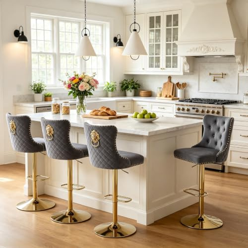 Chummaven Samt Barhocker höhenverstellbar 4er Set goldene Barstuhl Grau | Drehbar, gepolstert, mit Lehne Fußstütze Metallgestell, Löwenkopf-Ring, Küchenhocker Tresenhocker für Kücheninsel, Hausbar