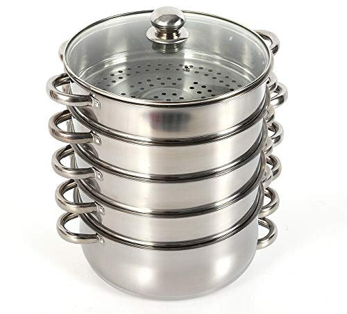 Dampfgarer Topf Steamery Dampftopf Dampfkocher Steamer Pot 5 Stöckiger Edelstahl Dampfgarer Multifunktional, mit Glasdeckel für Fisch, Gemüse, Reis und Mehr
