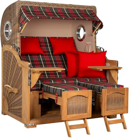 MR. DEKO® Strandkorb Düne Grande XL 2,5-Sitzer Teak | PE Geflecht Banana - Dessin 529 | Volllieger Strandstuhl mit Bullauge inkl. 2 Fußablagen | je 2 Kissen und Nackenkissen | Strandkörbe aus Teakholz