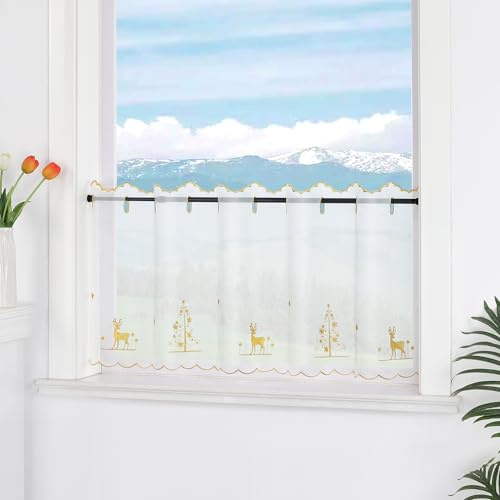 Delien Voile Rentier Deko Weihnachtsgardinen HxB 30x90cm Transparente Scheibengardine mit Ösen Festliche Kurzstores für Küchenfenster 1 Stück,Gold