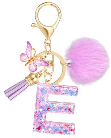 JSRQT Porte-clés Lettre Initiale en Résine, Porte-clés Alphabet Violet Flocons de Neige avec Pendentif Frange Papillon, Accessoire Anneau à Clés à Paillettes pour Femmes Filles Décor de Sac (E)