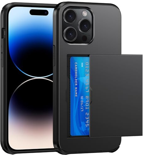 SZSSZSM Plånbok för iPhone 14 Pro Fodral med Korthållare Dubbla Lager Militärkvalitet Skyddande Stötsäkert Dold Kortplats Smal Passform Telefonskydd – Svart