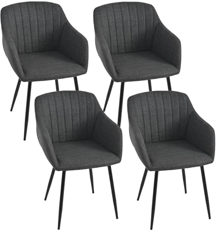 Goeurvant Esszimmerstühle 4er Set mit Armlehnen - Polsterstühle aus Leinen, Küchenstühle, Armlehnenstuhl mit Metallgestell für Esszimmer, Wohnzimmer, Anthrazit