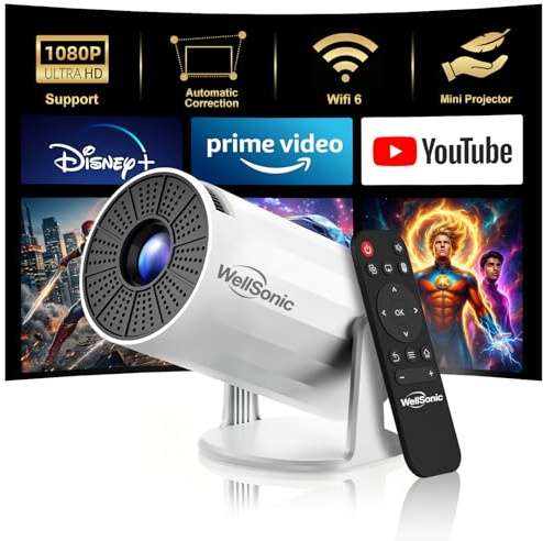 WellSonic Mini Projector with WiFi and Bluetooth, Portable Movie Projector Support 1080P, Auto Keystone,210° Rotation, 130'' Screen Smart Projector Compatible with HDMI Phone for Bedroom