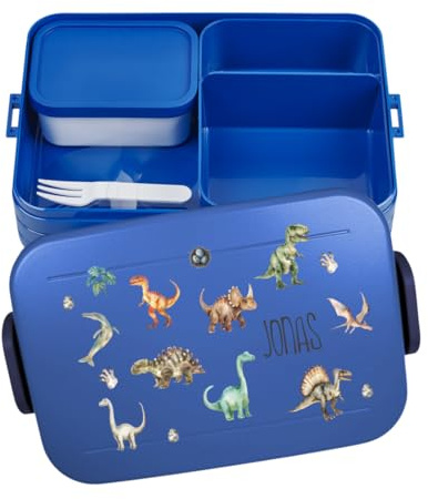 Mepal Bento Lunch Box Take a Break Personalizzato Dino, Contenitore per il pranzo con scomparti, contenitore per il pranzo con nome, set con stampa colorata dinosauro, grande, blu scuro