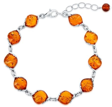 Beaux Bijoux Sterling Silver Natural Amber Bracelet for Women - Natural Gemstone Jewelry - Genuine Link Bracelets - Diamond-Shaped Amber 8.5 Bracelet