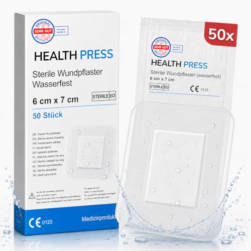 Health Press Sterile Wundpflaster wasserfest 6 x 7cm (Pflaster Set aus 50 Stück) – Steriler Wundverband, Pflaster einzeln verpackt, Verbandsmaterial hautfreundlich & sicher haftend