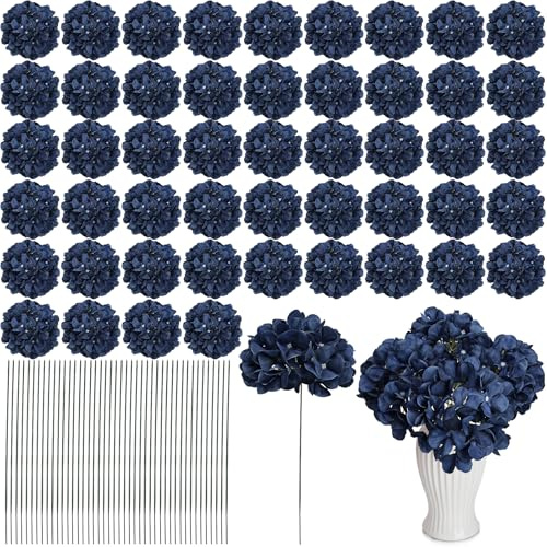Nagobi 104 Pcs Hydrangea Artificial Flowers, Navy Blue Faux Hydrangea Flowers with Stems for Wedding Arch, Fake Silk Hydrangeas for Table Centerpieces Baby Shower Home Party Decoration