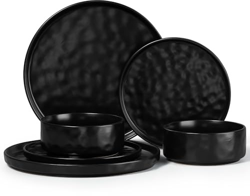 Herogo Reactive Glaze Stoneware Dinner Set for 2 People, Matte Black | 6 Piece Elegant Dinnerware Plates and Bowls for Home Dining Party, Microwave and Dishwasher Safe, Chip and Scratch Resistant