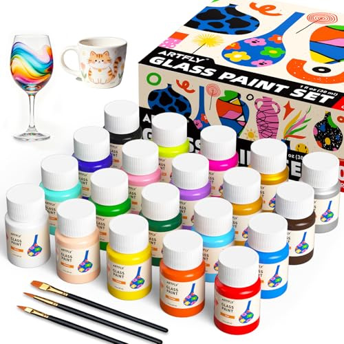 ARTFLY Glas und Porzellanfarbe, 20 Farben à 30 ml Glasmalfarbe mit 3 Pinseln, wasserfeste, permanente Acrylfarbe für Keramik und Glas, zum Bemalen von Weingläsern, Porzellan, und Fenstern