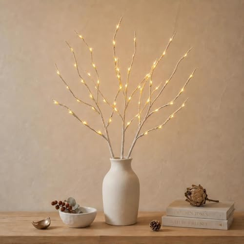 LED Lichterzweige 72cm Warmweiß mit EU-Stecker, Weiß Zweige Lichterkette | 60 LEDs Warmweiß (3 Zweige), Deko Zweige Lichter für Vasen, Weihnachtsdeko und Halloween Deko, Party Innendeko (Weiß)