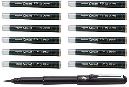 Pentel Pinsel Pen Füllfederhalter, Schwarz (mit 12 Patronen, schwarz)