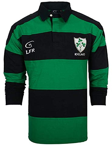 Irland-Rugby-Shirt für Kinder, langärmelig, gestreift, mit Kleeblatt-Wappen, Marineblau / Grün - Blau - 1-2 Jahre