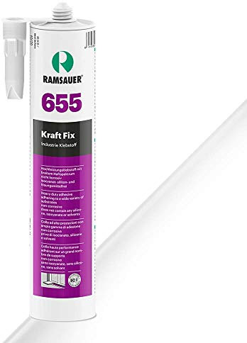 RAMSAUER 655 Kraft Fix 1K Hybrid Klebstoff (Weiß) - 450g Kartusche, starke Soforthaftung, schnelle Aushärtung, hervorragende Haftung auf Kunststoffen, Metall, Glas, Keramik, Naturstein
