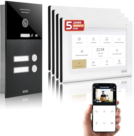 GVS Video Türsprechanlage 2-Familienhaus - 4X 7 Zoll Monitor | Smarte Video Türklingel mit Kamera und Monitor - Gegensprechanlage mit Türöffner (AVS1354U)