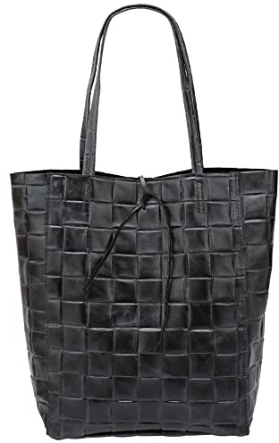 SH läder® dam äkta läder shopper i flätat tryck med innerficka i många färger axelväska handtag väska 37 x 29 cm kamilla G267, svart, Large