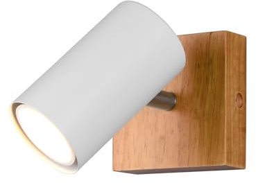 meineWunschleuchte Wand-Strahler Holz & Weiß mattes Metall 1-flammig | Tiefe 12cm, mit Gu10 LED, extern dimmbar, schwenkbarer Spot, Wandlampe innen für gezielte Beleuchtung von Bett und Sofa