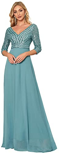 Ever-Pretty Vestido de Fiesta para Mujer Lentejuelas Manga Larga A-línea Escote en V Imperio Elegant Azul Polvoriento 36