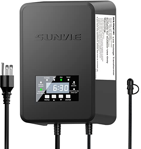 SUNVIE 300W Low Voltage Transformer with Timer and Photocell Sensor Landscape Lighting Transformer Waterproof 120V to 12V/14V AC Outdoor Low Voltage Transformers for Landscape Pathway Lights Spotlight