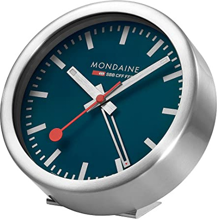 Mondaine Mini Wanduhr und Wecker mit Gehäuse aus Aluminium in Silber, Zifferblattfarbe: Tiefseeblau, Durchmesser: 12.5 cm, A997MCAL46SBV