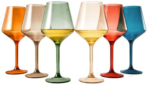 European Style Plastic Crystal, Stemmed Wine Glasses | Set of 6 | Acrylic Tritan Drinkware, Unbreakable Muted Color Shatterproof BPA-free, Reusable, Floating Pool & Indoor & Outdoor, Hand Wash 15oz
