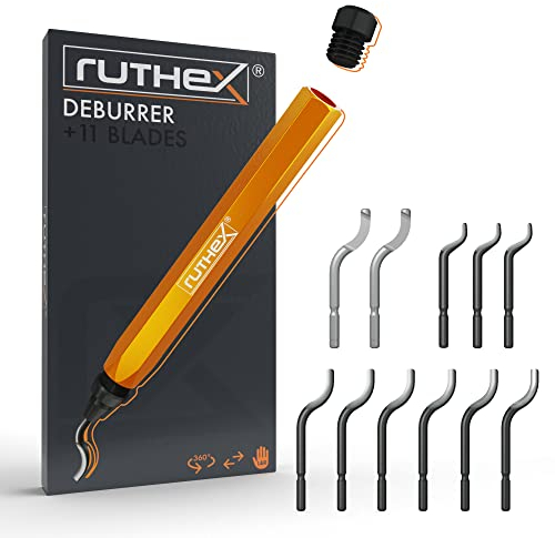 ruthex Entgrater inkl. 11 Klingen für Kunststoff, Metall, Edelstahl, Kupfer, PVC - ideal als 3D Druck Zubehör - Handentgrater mit STAUFACH im Griff - 360° rotierende Klingen - Deburring Tool