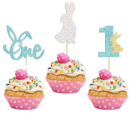 24Pcs Easter Bunny One Cupcake Toppers Some Bunny is One Birthday Decorations Blue Glitter Easter Cake Decorations Bunny Easter Theme Boy Spring Theme First Birthday Party Decorations